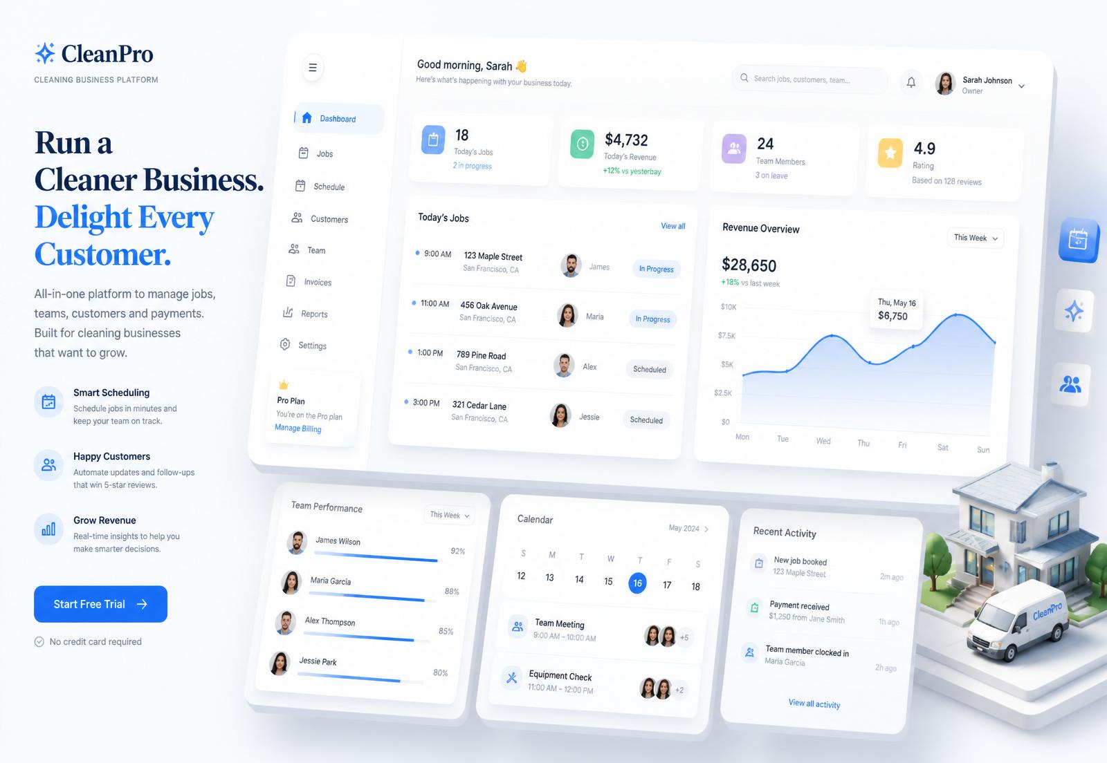 Shine & Luster owner dashboard showing today's schedule, KPIs and proof of service